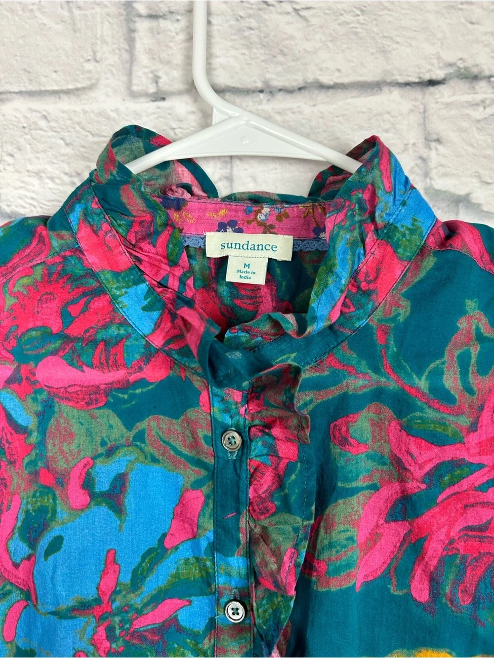 Sundance Floral Button Front Cotton Blouse Teal Pink Long Sleeve Medium